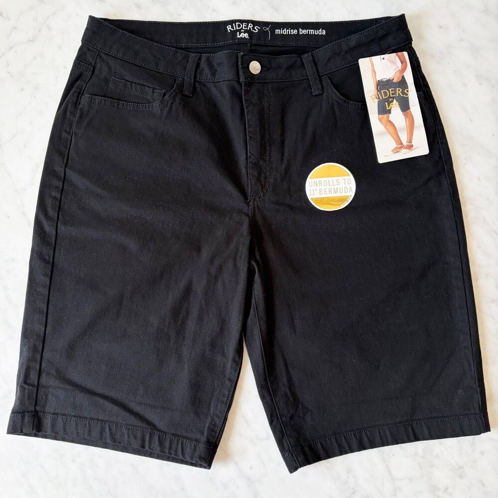 Riders by Lee Women's Size 14 Midrise Bermuda Shorts Black Stretch Denim NWT